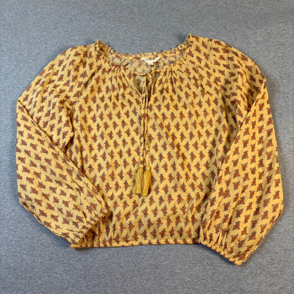 Lucky Brand Mustard Yellow Floral Cotton Peasant Blouse Tassel Tie Small